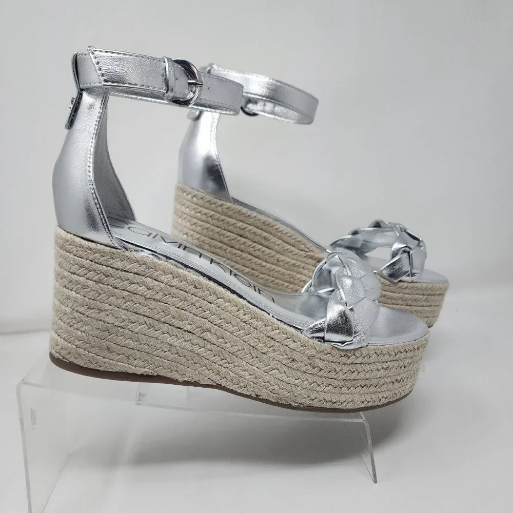 Calvin Klein Wedge Sandals Womens 8.5 Silver Thea Faux Leather Heels Shoes